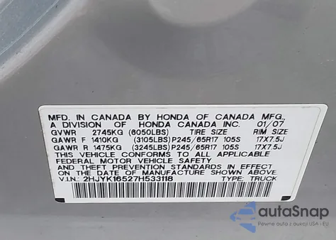 2007 Honda Ridgeline Rtl z USA, uszkodzony, nr VIN 2HJYK16527H533118